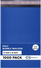 MAILERVIEW Royal Blue Small Bubble Mailers 4x8 Inch #000 | Thick Padded Poly Bubble Mailer Envelopes | 1000 Pack Bulk | Trading Card Sports Card Shipping