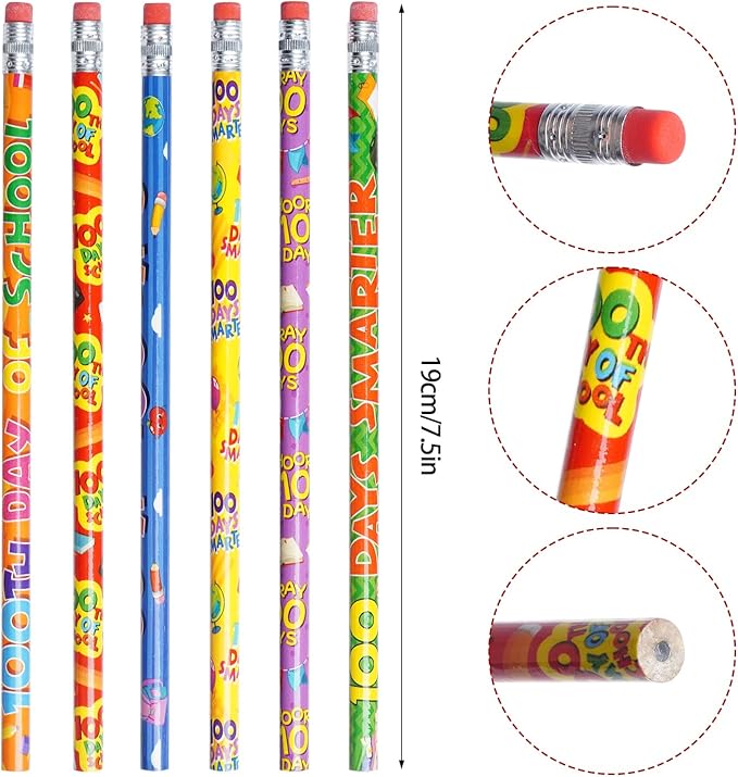 Rbenxia 48PCS 100th Days Wooden Pencils with Erasers Assortment Colorful Novelty Pencils Awards Incentives for Office Supplies Giveaways Favor