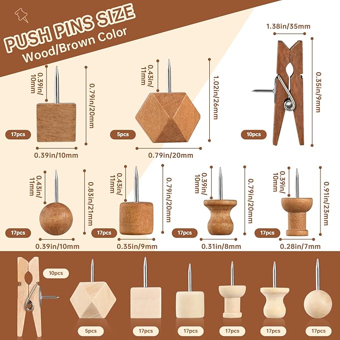 GOOLADA 200Pcs Wood Push Pins 7 Types and 2 Colors Wood Tacks Cute Push Pin Thumb Tacks for Decorative Wooden Push Pins for Cork Board Cute Pushpins for Bulletin Board Prayer Board Supplies for Women