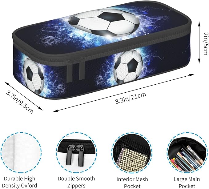 SNAPMADE Soccer Ball Pencil Box Sports Pencil Case for Boys Men, Large Capacity Durable Blue Black Pencil Pouch Storage Pen Bag Stationary Case with Double Zippers