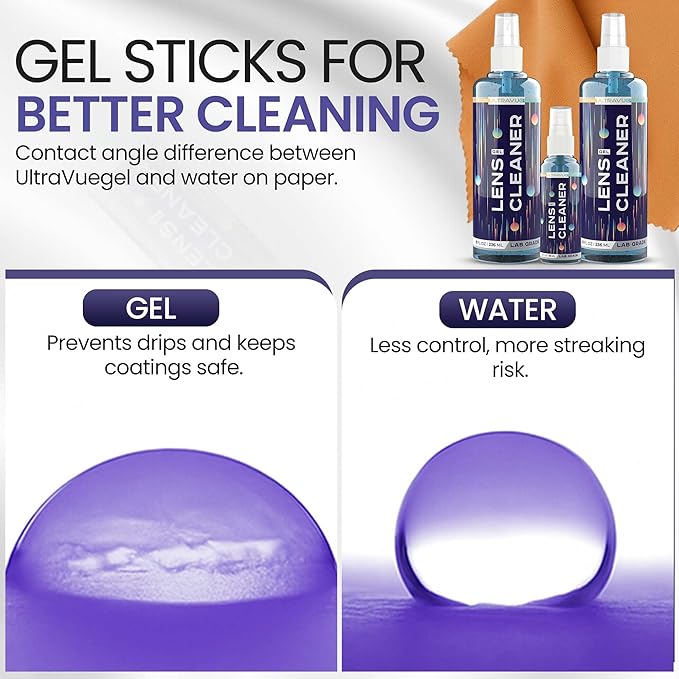 ULTRAVUE Eyeglass Gel Lens Cleaner Spray Kit - 2 x 8oz and 1 x 2oz Gel Eyeglasses Cleaner Spray Bottle + 2 Microfiber Cloth for Cleaning - Safe for All Lenses (AR Coated Included)