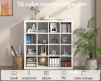 furtble Bookshelf with Storage Bins, 16-Cube Storage Organizer with Back Panels, Modern Wood Open Bookcase, Multifunctional Display Shelf for Living Room, Bedroom, Home Office, White