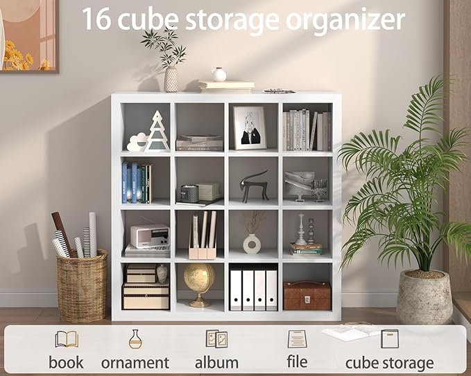 furtble Bookshelf with Storage Bins, 16-Cube Storage Organizer with Back Panels, Modern Wood Open Bookcase, Multifunctional Display Shelf for Living Room, Bedroom, Home Office, White