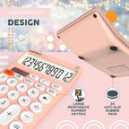 CATIGA 12 Digit Desktop Calculator Basic Desk Calculator with Large LCD Display, Big Buttons, 4 Function, Solar and Battery Dual Power, for Office, School, Home, SD-1292 Pink
