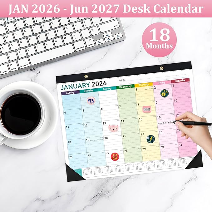 Desk Calendar 2026-2027, 14" X 11" Desktop Calendar 2026-2027, 18 Months Calander Runs from Jan. 2026 to Jun. 2027, Academic Monthly Planner for Home School Office (Colorful)