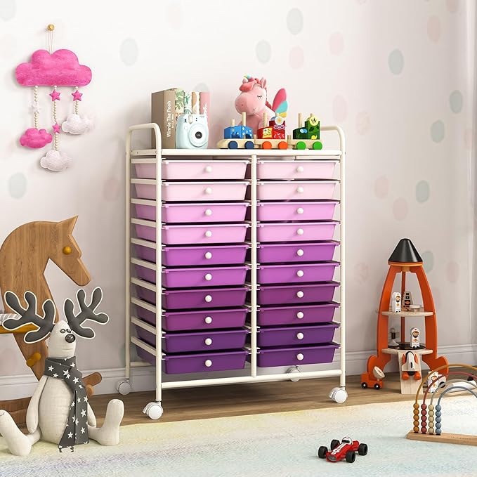 Happygrill 20-Drawer Organizer Cart Tools, Mobile Utility Storage Cart with Removable Drawers & Lockable Wheels, Rolling Storage Cart with wheels for Home Office School (Purple Gradient)