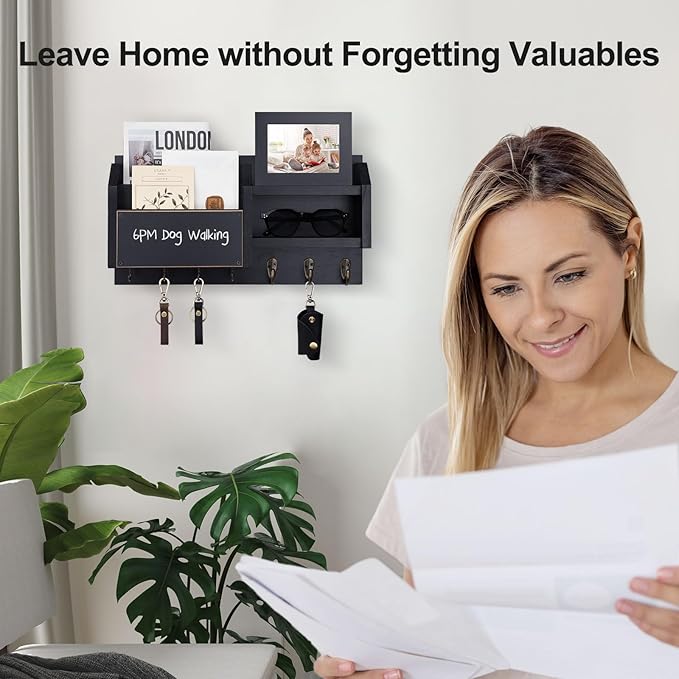 Lwenki Mail and Key Holder – Wall Mount Key Hanger with Shelf and 7 Metal Hooks – Decorative Natural Paulownia Wood Entryway Organizer with Mounting Hardware (16.5”W x 8.7”H x 3.5”D) (Black)