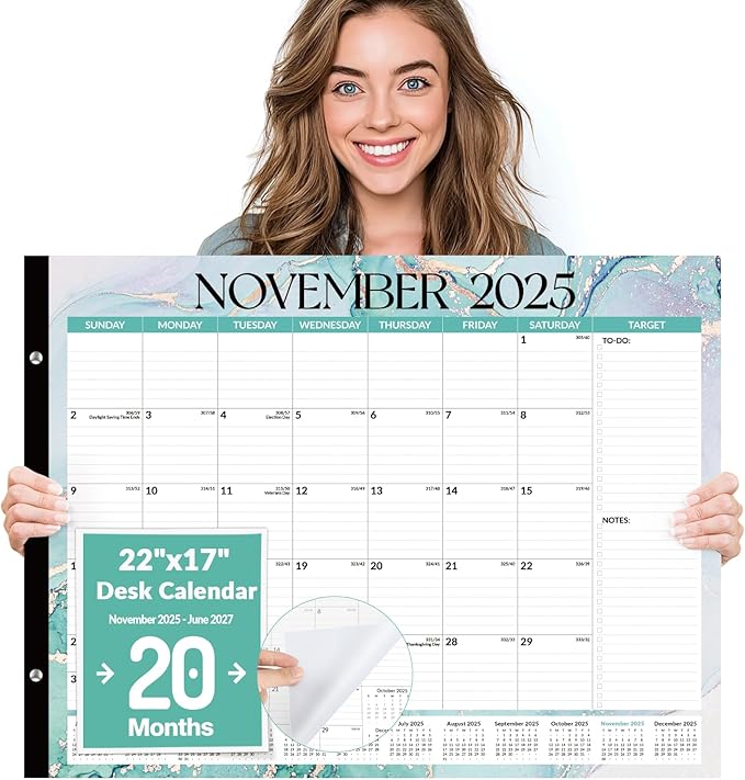 Forvencer 22" x 17" Large Desk Calendar 2026, 20 Months Calendar Runs from November 2025 to June 2027, 2026 Desk Calendar Monthly Planner with Plastic Cover for Home School Office, Blue