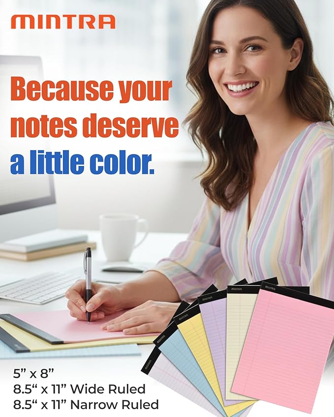 Mintra Office Legal Pads, ((Basic 6pk - (Pastel Version #2), 8.5in x 11in, Narrow Ruled))