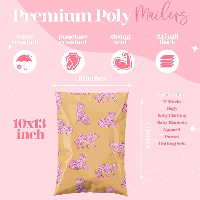 Pretty Package Store 10x13 Designer Poly Mailer 100 Pack Heavy Duty Waterproof Self Seal Shipping Bags for Small Business Large Mailing Envelopes Bulk Tear Resistant Packaging Pink Orange Leopard