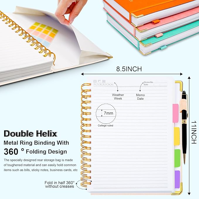 Hardcover Spiral Notebook 8.5"x11" Journal Notebook with Tabs and Removable Dividers 300 Pages 5 Subject Notebook College Ruled, Faux Leather Spiral Bound Notebook for Women School Work(White)