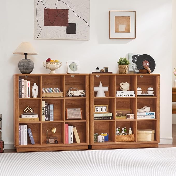 Joaxswe 9 Cube Storage Book Shelf, 41" Tall Organizer Bookshelf with Curved Edge, Wood Floor Standing 3-Tier Cubby Bookcase with Base, Country Rustic Display Book Case for Library, Office, Brown