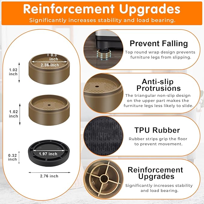 Furniture Risers Bed Risers Heavy Duty 1 inch, 2 inch, 3 inch, 4 inch Round Adjustable Bed Lifts Riser for Desk Legs Table Couch Sofa Chair Refrigerator Washing Machine (1 Inch, Brown, 4 Pack )
