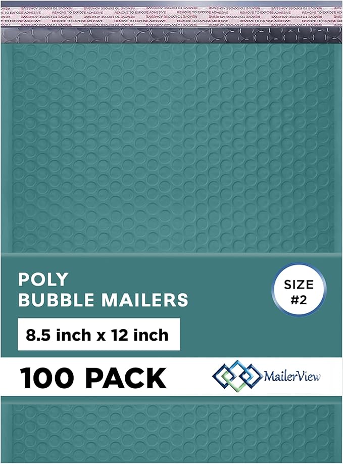 Green Poly Bubble Mailers 8.5x12 inch #2 | Self Seal Padded Envelopes | Cushioned Bubble Mailer | Usable Size 8.5x11 | Water Proof | Lightweight mailing Shipping Bags | 100 Pack Bulk