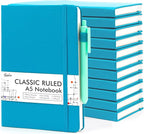 feela 12 Pack Notebooks Journals Bulk, Hardcover Notebook Classic Ruled Journal Set with Pen Holder for School Business Work Travel Writing, with 12 Black Pens, 120 GSM, 5.1”x8.3”, A5, Teal