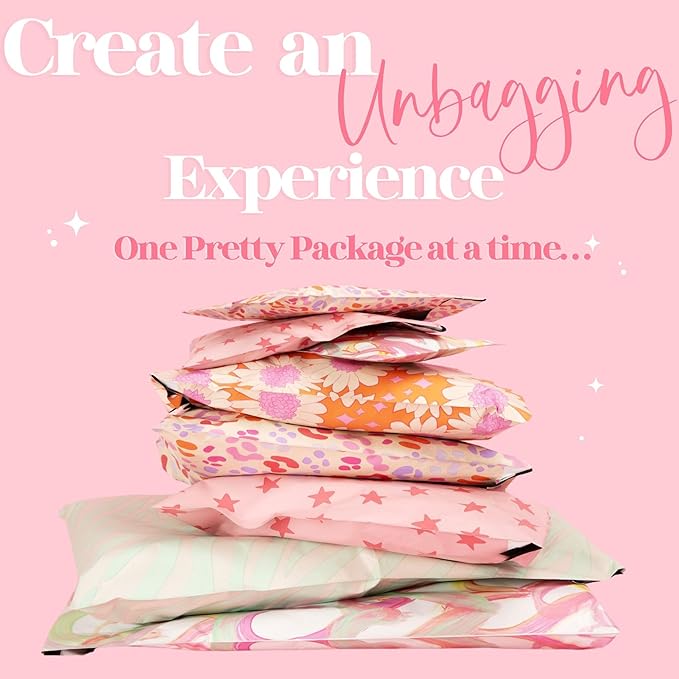 Pretty Package Store 14.5x19 Designer Poly Mailer 100 Pack Heavy Duty Waterproof Self Seal Shipping Bags for Small Business Large Mailing Envelopes Bulk Tear Resistant Cute Packaging Seeing Stars Pink