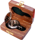 Bazross Brass Nautical Compass with Wooden Case - Antique Brass & Copper Sun Clock for Camping, Hiking, Touring - Engraved Gift for Him - Nautical Clock - Compass Gift