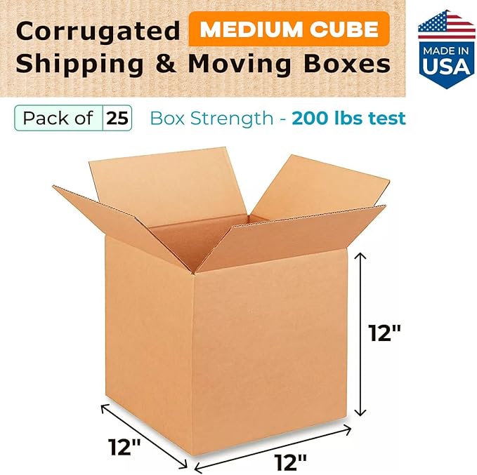 Medium Shipping & Moving Boxes 12"L x 12"W x 12"H (25-Pack) - Extra Strength 200 lb vs Regular - Corrugated Cardboard Boxes for USPS/UPS/FEDEX - Box for Shipping - Box to Pack by IDL Packaging