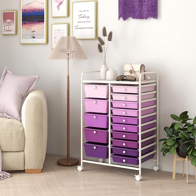 LDAILY 15 Drawer Rolling Storage Cart, Rolling Cart with Drawers for Classroom, Art Supply Craft Organizer on Wheel with Metal Frame & Handles for Home Office School