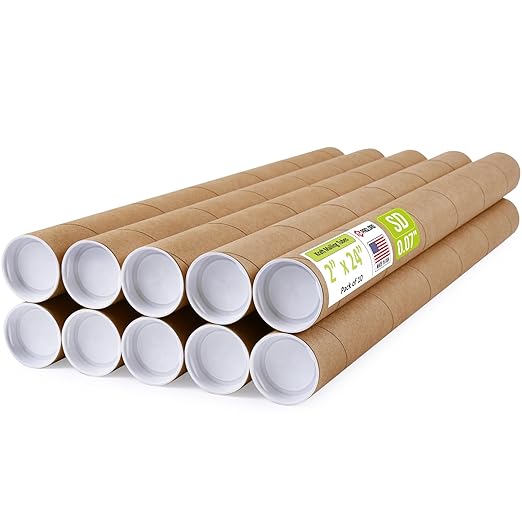2" x 24" Reinforced Kraft Paper Mailing Tubes, Pack of 10 Tubes with 2 Caps Each – USPS Approved Poster Tube – Made in USA Cardboard Tube for Shipping and Storing Posters, Prints, Artwork, Documents