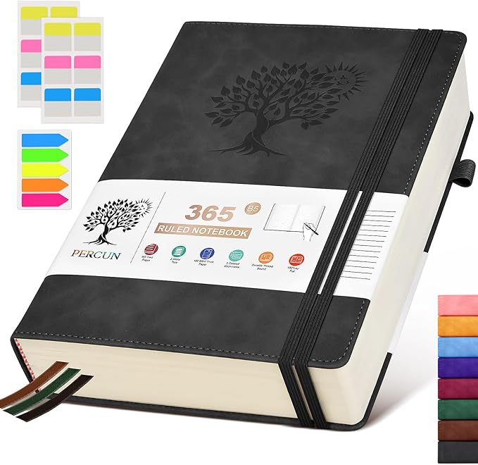 PERCUN B5 Lined Journal Notebook - 365 Page Large Leather Journals for Writing Women Men，Hardcover Notebook with 100Gsm Thick Pages，Daily Diary for Travel, Work，School，College Ruled (7.6" x 10.3")