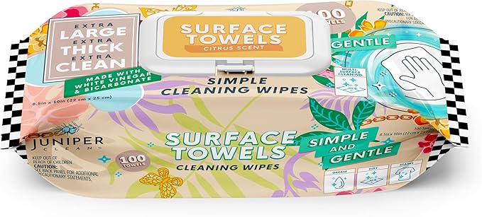 Juniper CLEAN Single Surface Cleaning Wipes Bleach Free, Thick & Large Dispose, All-Purpose Cleaner for Bathroom, Kitchen, Office, 100 Count Soft Flow, Biodegradable, Citrus Scent