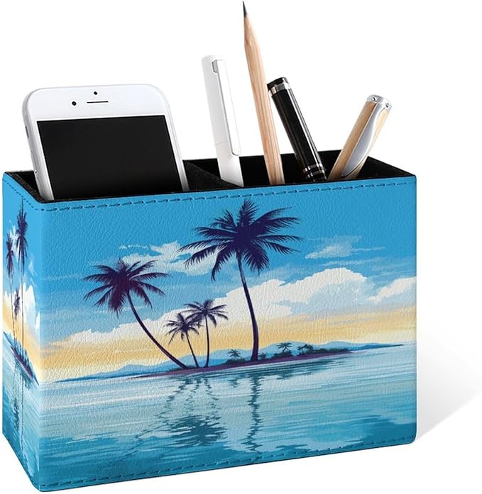 Famame Tropical Island Palm Trees Pencil Holder for Desk, Leather Desktop Container Pen Cup Storage Study Table Pen Organizer Makeup Brush Holder for Classroom Office Home