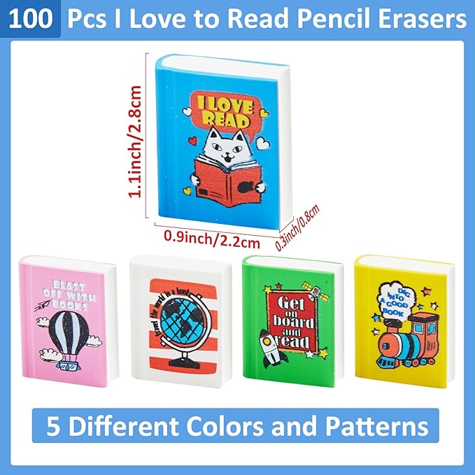 party greeting 100Pcs I Love to Read Pencil Erasers Fun Erasers Bulk for Kids Read Across America Prizes Drawing Sketching Supplies Reading Positive Reward Gift School Classroom Teacher Colorful