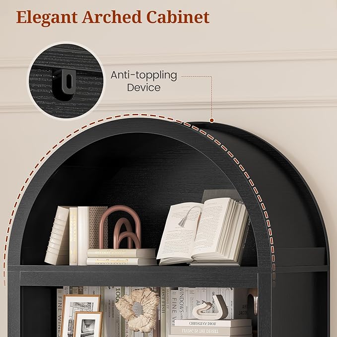 81" Tall Arched Cabinets,Bookcase with storage,Mid-Century Modern 6-Tier Bookshelf with Door,2 Book Risers and Adjustable Shelves offering more storage space for Living Room,Home Office,Black+Oak