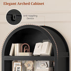 81" Tall Arched Cabinets,Bookcase with storage,Mid-Century Modern 6-Tier Bookshelf with Door,2 Book Risers and Adjustable Shelves offering more storage space for Living Room,Home Office,Black+Oak