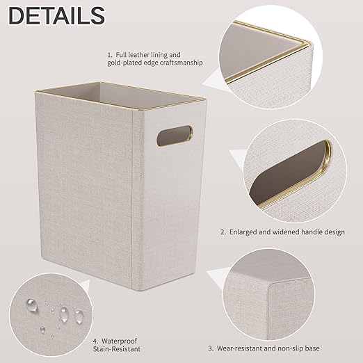 Beige White Trash Can Waste basket,3/4 Gallon Office Pu Leather Wastebasket with Gold-Tone Edging Decoration for Bathroom, Garbage Cans for Toilet Bedroom Living Room, Office home modern decor
