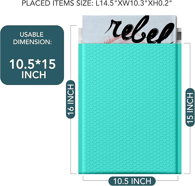Metronic 40Pcs Bubble Mailers 10.5x16 ", Teal Padded Envelopes, Strong Adhesion Bubble Envelopes, large Mailing Envelopes WaterProof #5 for Small Businesses, Bubble Mailers Usable Size 10.5X15