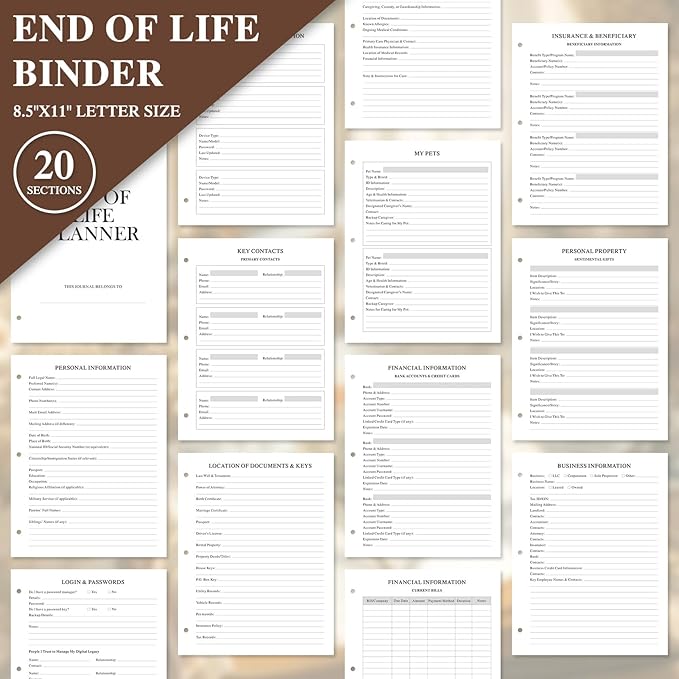 Lanpn End of Life Binder - 8.5x11, Final Wishes & Estate Document Folder with 8 Dividers & 10 Letter Size Binder Pockets, Death Planner Organizer, When I Die Journal Before Death Life Plan Book