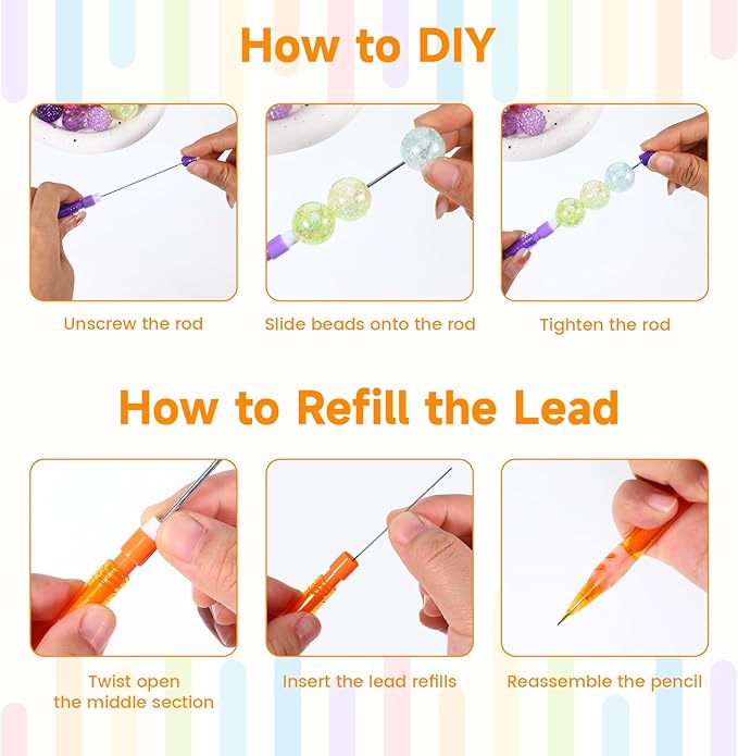 16Pcs Beadable Mechanical Pencils Bulk, Include 16 Beaded Mini Mechanical Pencil with 16 Lead Refills, Beadable Pencils with Silicone Hand Guard for Writing Drawing Sketching DIY Crafting (8 Colors)
