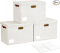 Roobyl 17" Large Collapsible Storage Bins with Lids, Stackable Closet Organizers with PU Handle and Labels, 3-Pack Decorative Fabric Storage Boxes for Home, Bedroom, Closet, Office, Nursery(White)
