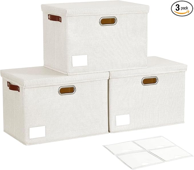 Roobyl 17" Large Collapsible Storage Bins with Lids, Stackable Closet Organizers with PU Handle and Labels, 3-Pack Decorative Fabric Storage Boxes for Home, Bedroom, Closet, Office, Nursery(White)