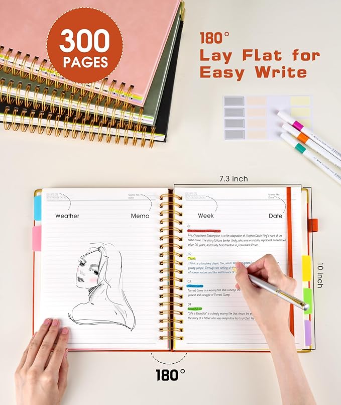 Hardcover Spiral Notebook Journal with Removable Dividers Tabs, 300 Pages Leather 5 Subject Notebook College Ruled, 8"x10" Large B5 Notebooks for Work School Note taking, Lined Journal for Women, Orange