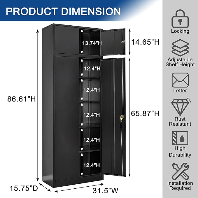 TaskStorz Storage Cabinet, 87 Inch Tall Metal Storage Cabinet with Doors and Shelves,Heavy Duty Metal Cabinet, Pantry Cabinets for Kitchen Storage, Garage Cabinet for Living, Dining Room.