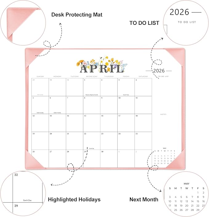 2026 Desk Calendar - 18 Month Desktop Calendars (Jan 2026–Jun 2027),Large 22x17 Monthly Calendar with Home & Office Floral Desk Pad Calendars (Pink, 22*17)