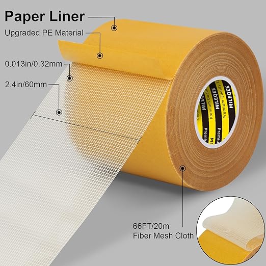 MILEQEE Double-Sided Mesh Carpet Tape Heavy Duty, 2.4in x 66FT (20m), Large Durable Duct Cloth Tape, High Stickiness Strong 2 Sided Tape for Rugs, Removable Multipurpose Tape, Easy Tear