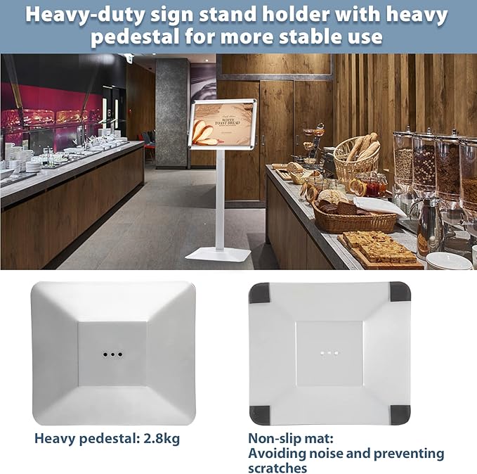 STANDNEE Heavy-duty Poster Stand Holder 11"x 17" Pedestal Floor Standing Sign Holder Vertical and Horizontal View Sign Display, Aluminum Snap Open Frame with Safety Corner, Silver