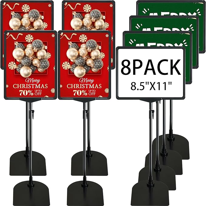 ONCEMORE Sign Holder, 8.5 x 11 Inch Sign Stand with Adjustable Height Snap Open, Reusable Sign Stands for Display Advertising Business Signage, Vertical and Horizontal Two View Modes (Black, 8 Pack)