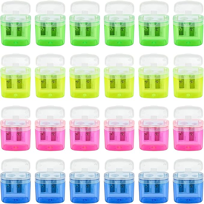 AUSTARK 24Pcs Pencil Sharpener Manual, Assorted Color Small Dual Hole Pencil Sharpeners Bulk with Lid with Lid for School Office Home (Rectangle-24)