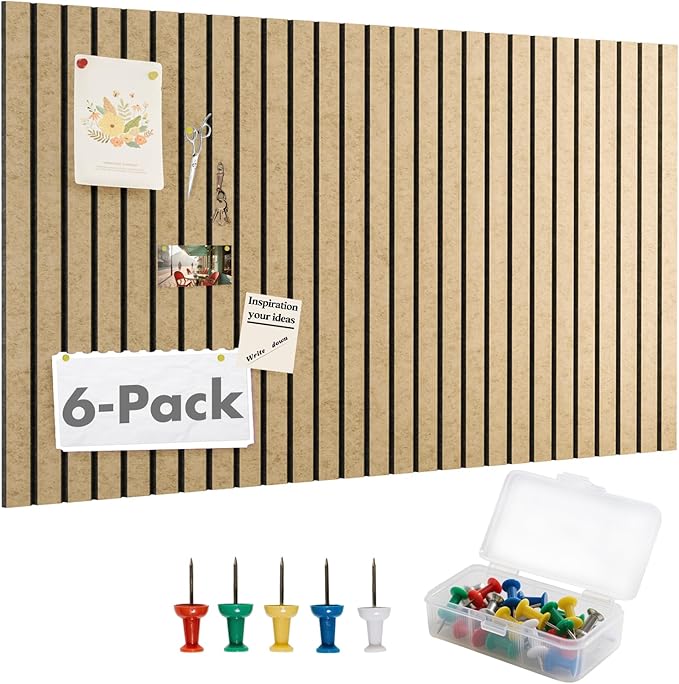 Cork Board Tiles for Wall with Push Pins, Removable 48" x 24" Slat Bulletin Board Sets, Adhesive Pin Board | Magrowill 6 Packs Felt Panels for Office Home Classroom Dorm Interior Wall Decor