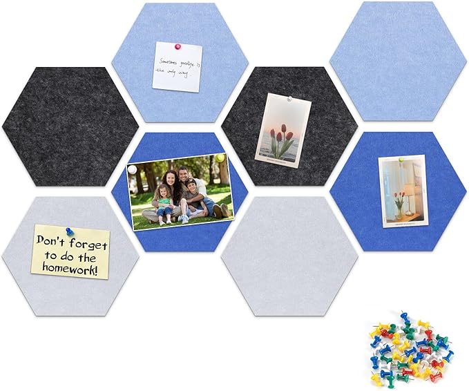 Uoisaiko 12" Large Bulletin Board with 30 Push Pins, Pack of 8 Hexagon Felt Pin Board Notice Boards for Home Office Kitchen, Felt Wall Tiles for Photos Memos