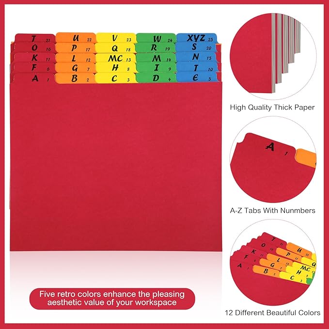 Noveread 1 Set 25 Alphabet File Dividers A-Z Tab Letter Size 1/5 Cut Tab Positions Alphabetical Number File Folder Organizer Guides Cabinet and Desk Dividers for School Office (Rainbow Colors)