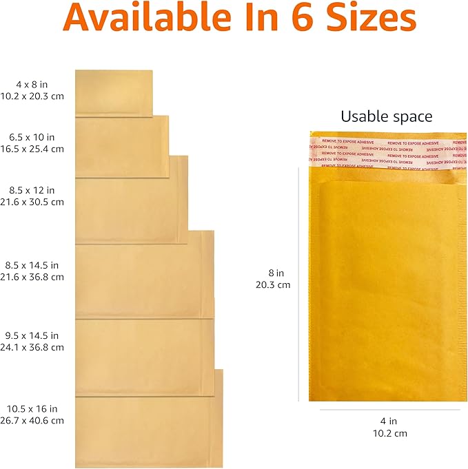 Amazon Basics Kraft Bubble Self-Seal Mailer, 4" x 8" (Internal Size - 3.75" x 7"), 50-Pack, Brown
