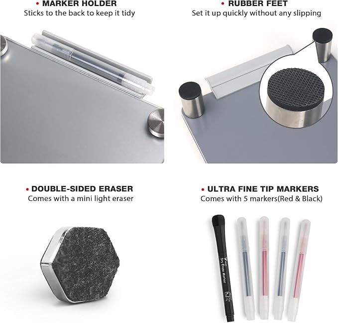Silver Metallic Glossy Mirror Small Whiteboard with Nail Support, Mini Desktop Glass Whiteboard, Desk White Board Dry Erase with Accessories, Stenography Artifact for Office Homeschooling Décor, 8x6''