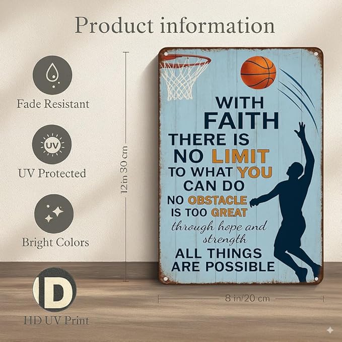 Vintage Christian Basketball Metal Sign – Faith Motivational Wall Art for Boys Room, Gym, or Locker Room – Inspirational Gift for Athletes, Teens, and Believers(Christian Basketball)