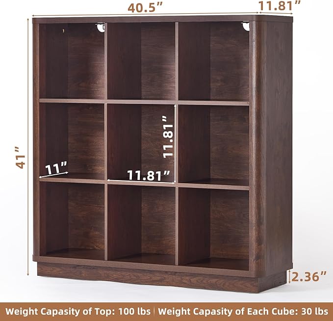 Joaxswe 9 Cube Bookshelf, 41" Tall Organizer Bookcase with Curved Edge, Wood Floor Standing 3-Tier Cubby Book Shelf with Base, Vinatge Display Storage Cabinet for Living Room, Home Office, Walnut